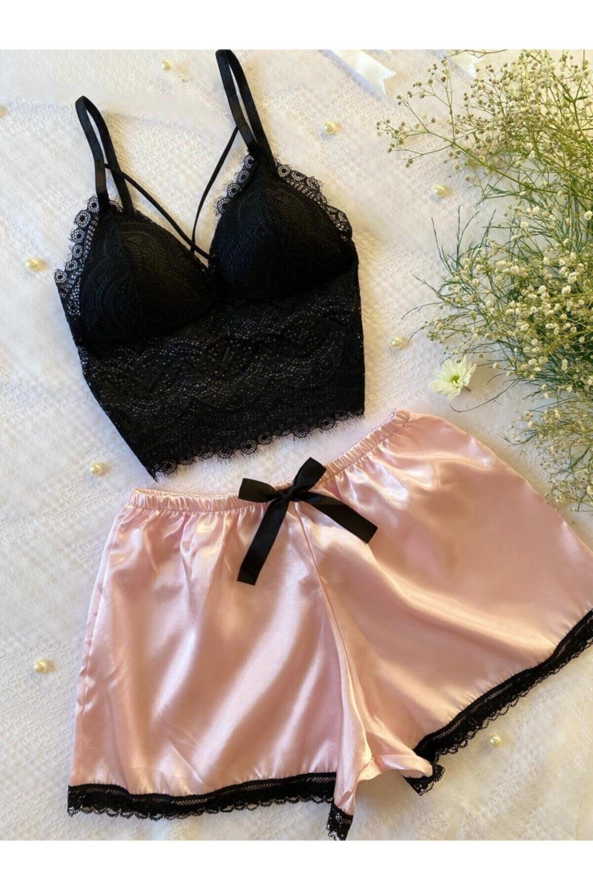 Pembe Saten Şortlu Bralet Takım